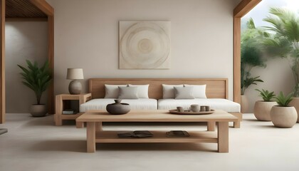 Fototapeta na wymiar Ultra realistic photo of bali inspired cream stone, light wood furniture