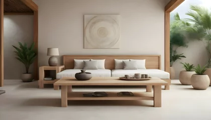 Wandaufkleber Ultra realistic photo of bali inspired cream stone, light wood furniture © Zulfi_Art