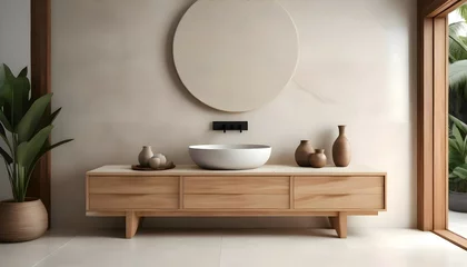 Photo sur Plexiglas Bali Ultra realistic photo of bali inspired cream stone, light wood furniture