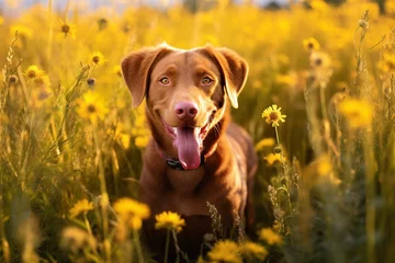 Papier Peint photo Prairie, marais Chesapeake bay retriever dog sitting in meadow field surrounded by vibrant wildflowers and grass on sunny day ai generated