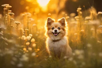 Cercles muraux Prairie, marais Russian toy dog sitting in meadow field surrounded by vibrant wildflowers and grass on sunny day ai generated
