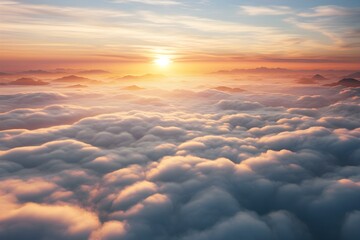 A breathtaking aerial shot captures sunrise over sea of clouds inspiring awe. Concept Aerial Photography, Sunrise, Sea of Clouds, Breathtaking Views