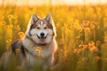 Alaskan malamute dog sitting in meadow field surrounded by vibrant wildflowers and grass on sunny day AI Generated