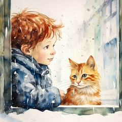 Two red-haired friends - a boy and a cat - are sitting on the windowsill near the open window. Naive art style storybook illustration