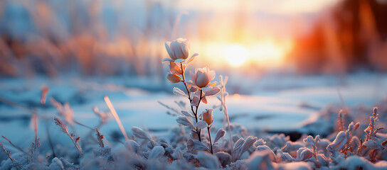 A serene winter scene at sunset, where delicate flowers, encased in frost, stand resilient against the cold.