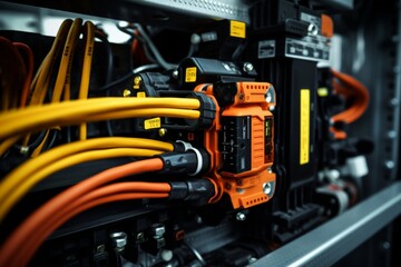 Fototapeta premium A Close-Up View of a Wire Connector, an Essential Component in Electrical Installations, Surrounded by a Tangle of Wires and Industrial Equipment