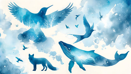 Fototapeta premium Silhouette watercolor painting of a whale, birds, and a fox with celestial elements and trees set against a cloudy sky.