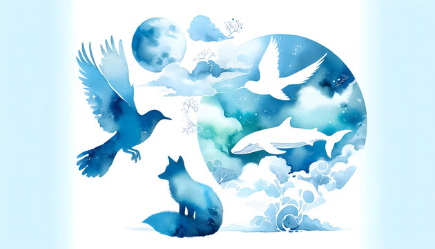 Silhouette watercolor painting of a whale, birds, and a fox with celestial elements and trees set against a cloudy sky.