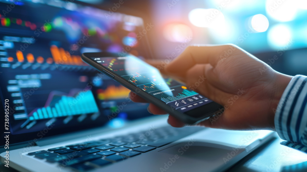 Poster close-up of a hand holding a smartphone with stock market data on the screen, with a laptop in the b