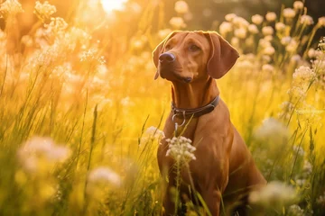 Papier Peint photo Prairie, marais Rhodesian ridgeback dog sitting in meadow field surrounded by vibrant wildflowers and grass on sunny day ai generated
