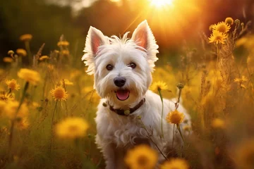 Papier Peint photo Prairie, marais West highland white terrier dog sitting in meadow field surrounded by vibrant wildflowers and grass on sunny day ai generated