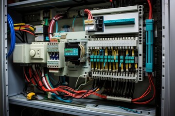 A Detailed View of a Modern Programmable Logic Controller (PLC) in an Industrial Setting, Surrounded by Wires and Other Electrical Components