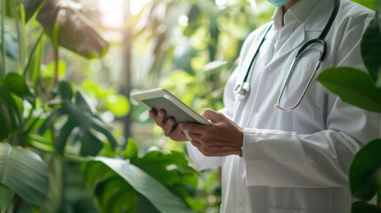 healthcare professional in a white coat with a stethoscope around the neck using a digital tablet