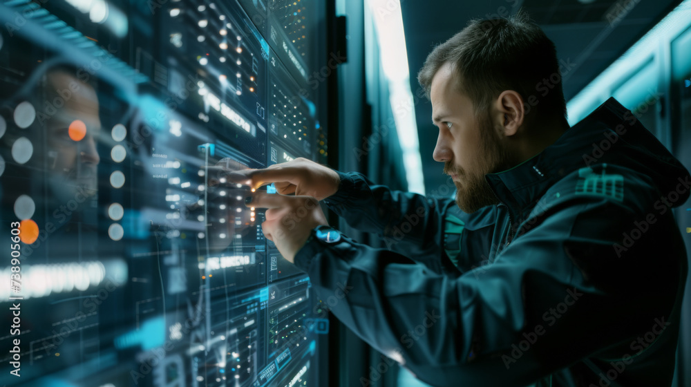 Poster an it professional is working within the vibrant and colorful illuminated aisles of a data center, s