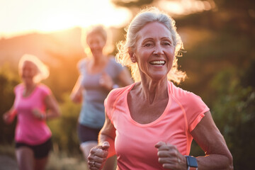 Smiling Women Running Outdoors, Middle-Aged and Energetic
