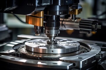 Close-up view of a lapping machine plate in an industrial setting, showcasing intricate details and the complex machinery background - obrazy, fototapety, plakaty