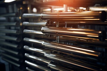 A Detailed View of Heat Exchanger Plates Stacked Together in an Industrial Setting, Illuminated by the Soft Glow of Overhead Lights