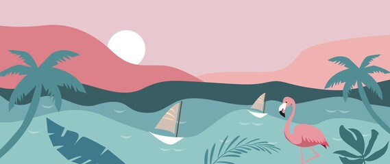 Fototapeta na wymiar Vector flat image. Panorama of the sea and the beach. The picture shows the sea, sails, tropical leaves and sunset. Ideal for a post or summer sale banner...