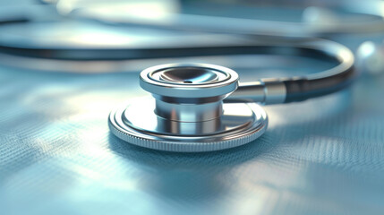 A close-up of a stethoscope with a highly reflective, metallic finish on a blue, blurred background, emphasizing the essential tool for medical diagnostics and patient care.