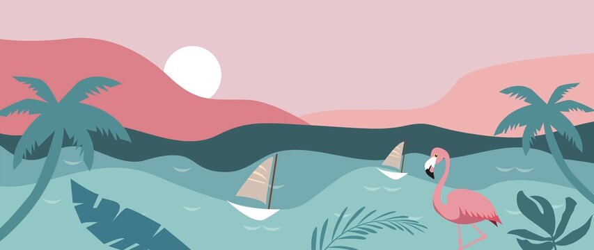 Vector flat image. Panorama of the sea and the beach. The picture shows the sea, sails, tropical leaves and sunset. Ideal for a post or summer sale banner...