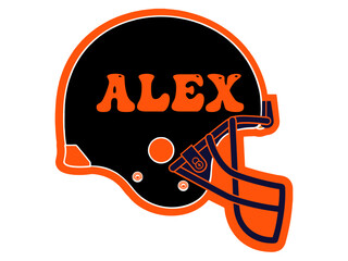 orange and black football helmet with the name Alex written - Vector graphics -ideal for websites, greetings, banners, cards,, t-shirt, sweatshirt, prints, cricut, silhouette, sublimation - obrazy, fototapety, plakaty