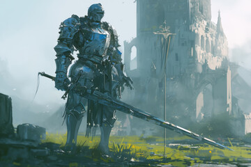 Abandoned Metallic Armored Knight at Crossroads, fantasy scenery. digital artwork. fantasy illustration - obrazy, fototapety, plakaty