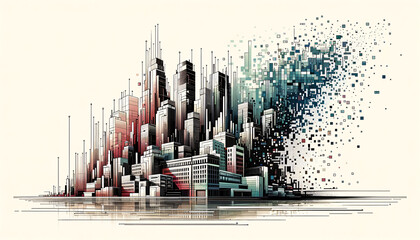 Digital Disintegration: Geometric Urban Renewal in Monochromatic Cityscape