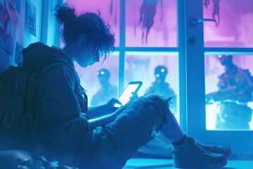 Moody Teen Ignoring Ghost Outside Bunker Basement Window, phone addiction - obrazy, fototapety, plakaty