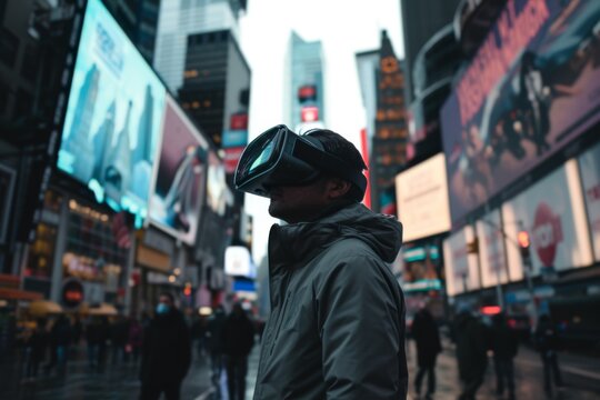 Person with VR headset against city buildings