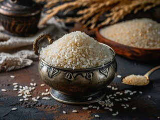Boiled Rice in Metal Bowler, Heap of Cooked Steamed Rice with Sesame Seeds on Dark Stone
