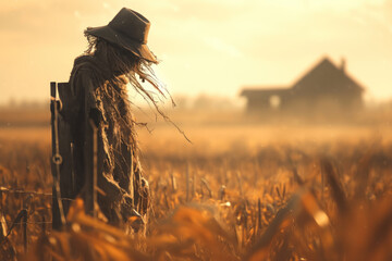 Worn Scarecrow Overlooking Dead Crops and Haunted Farmhouse,fantasy scenery. digital artwork. fantasy illustration