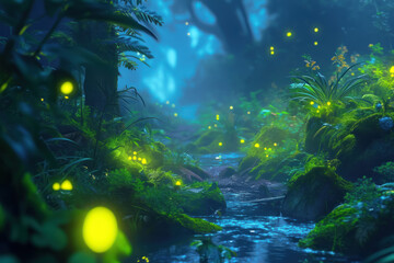 Fototapeta na wymiar Glowing Will-o'-the-Wisps in Witch's Ghostly Swamp ,fantasy scenery. digital artwork. fantasy illustration