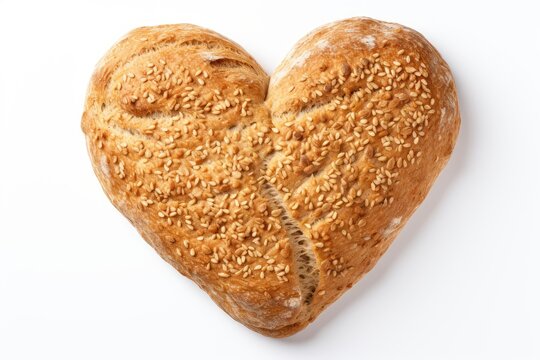 Heart on Wheat Bread Isolated, Heart Shaped Bun, Small Round Bread on White Background