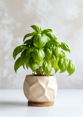 Fresh basil in a flowerpot on a light background. Generative AI. - obrazy, fototapety, plakaty