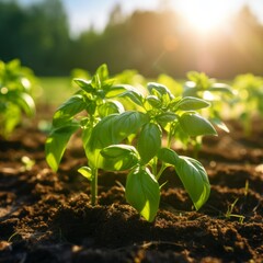 Fresh basil in the field. Growing plants. Generative AI. - obrazy, fototapety, plakaty