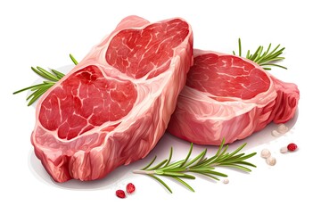 Raw Lamb Chops or Mutton Cuts Illustration, Fresh Sheep Meat Cutlet on Bone Cut Out Closeup Isolated - obrazy, fototapety, plakaty