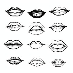 Smiling Lips Sketch, Black and White Fun Smiling Lips Collection, Joy and Happiness Doodle Drawing