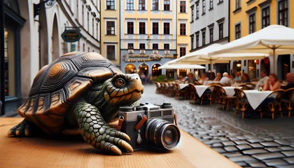 Fototapeten Turtle photographer in a historic city street © Sabine