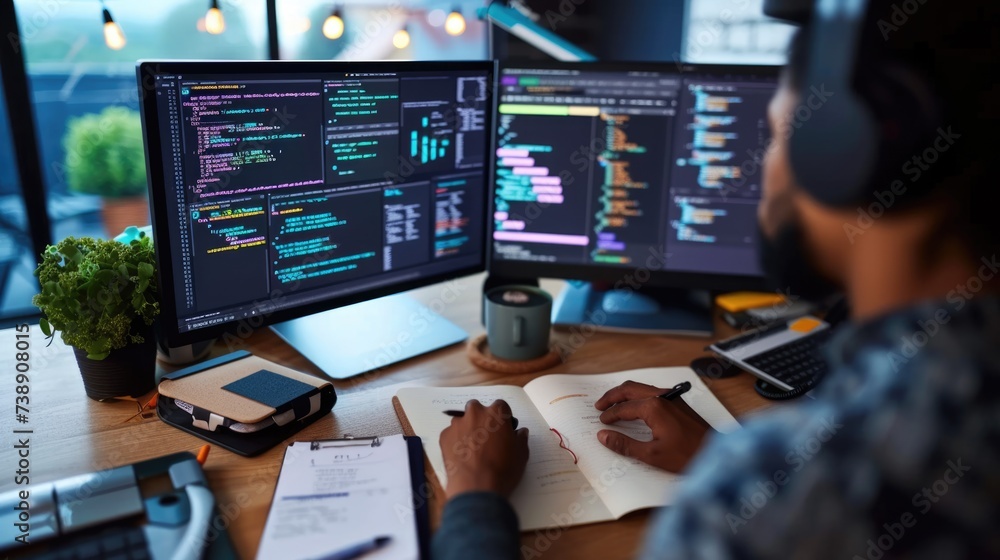 Poster a focused software developer codes on a dual monitor setup in a modern office environment with a min