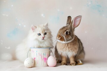 A fluffy white cat and a brown bunny sitting beside a pastel-colored Easter egg bucket, with soft pink and blue paint splashes on a plain, light background.