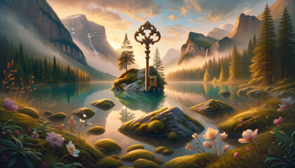 Tranquil landscape with antique key symbolizing peace and serenity