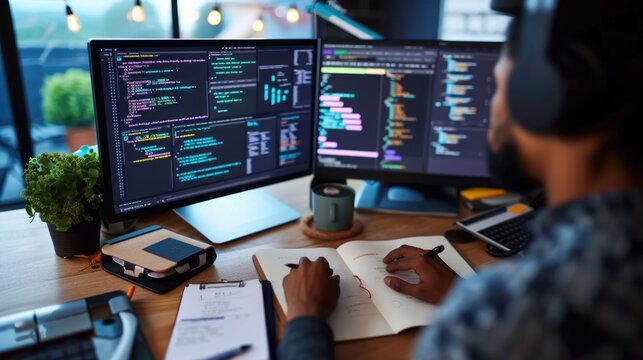 A focused software developer codes on a dual monitor setup in a modern office environment with a minimalist aesthetic. AIG41