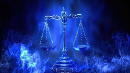 Scales of justice on futuristic modern digital blue background created with Generative AI