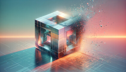 Geometric object in digital disintegration with vibrant pastel background.