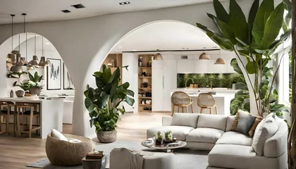 Fototapeten Modern take on upscale bali inspired small condo white round arches interor view of  kitchen  living room bedroom tropical foliage © Zulfi_Art