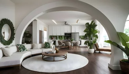 Fototapeten Modern take on upscale bali inspired small condo white round arches interor view of  kitchen  living room bedroom tropical foliage © Zulfi_Art