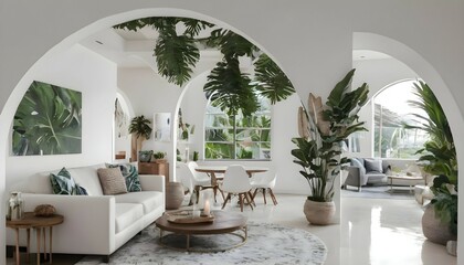 Modern take on upscale bali inspired small condo white round arches interor view of  kitchen  living room bedroom tropical foliage