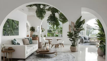 Rolgordijnen Modern take on upscale bali inspired small condo white round arches interor view of  kitchen  living room bedroom tropical foliage © Zulfi_Art
