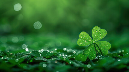 In the right corner, a large, beautiful dewy green clover flower in the counter light and blurred background as a symbol of St. Patrick's Day - obrazy, fototapety, plakaty