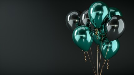 Black and green balloons on dark background, text space, black friday sale ad concept.